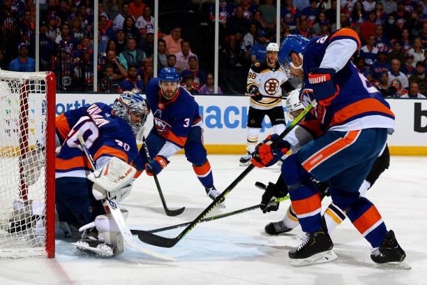 Semyon Varlamov of the New York Islanders eyes a shot on goal by the Boston Bruins during the second period in Game Four of the Second Round of the...