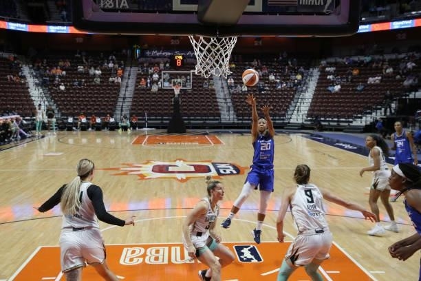 Briann January of the Connecticut Sun shoots the ball against the New York Liberty on June 5, 2021 at Mohegan Sun Arena in Uncasville, Connecticut....