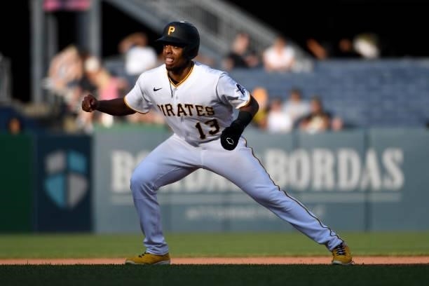 Ke'Bryan Hayes of the Pittsburgh Pirates takes a lead off second base in the eighth inning during the game against the Miami Marlins at PNC Park on...