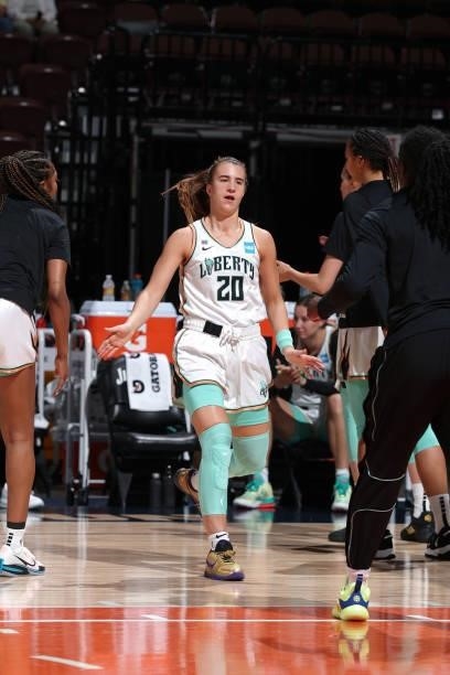 Sabrina Ionescu of the New York Liberty enters the court before the game against the Connecticut Sun on June 5, 2021 at Mohegan Sun Arena in...