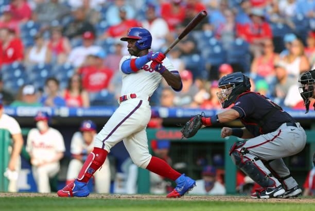 Andrew McCutchen of the Philadelphia Phillies bats in the sixth inning during a game against the Washington Nationals at Citizens Bank Park on June...