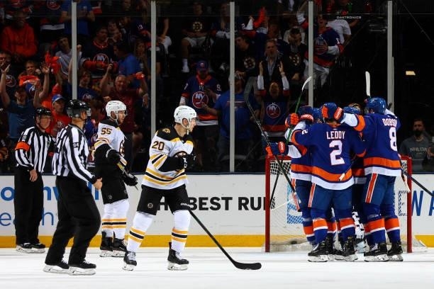 The New York Islanders celebrate a goal by Kyle Palmieri during the second period in Game Four of the Second Round of the 2021 Stanley Cup Playoffs...
