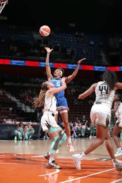 Jasmine Thomas of the Connecticut Sun shoots the ball against the New York Liberty on June 5, 2021 at Mohegan Sun Arena in Uncasville, Connecticut....