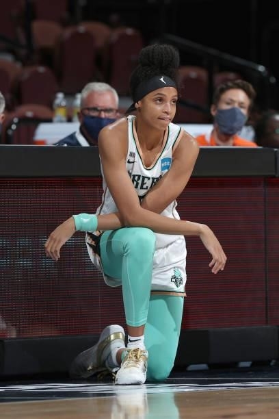 Leaonna Odom of the New York Liberty looks on during the game against the Connecticut Sun on June 5, 2021 at Mohegan Sun Arena in Uncasville,...