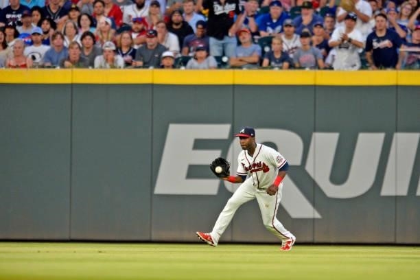 Guillermo Heredia of the Atlanta Braves fields a line drive in the fourth inning against the Los Angeles Dodgers at Truist Park on June 5, 2021 in...