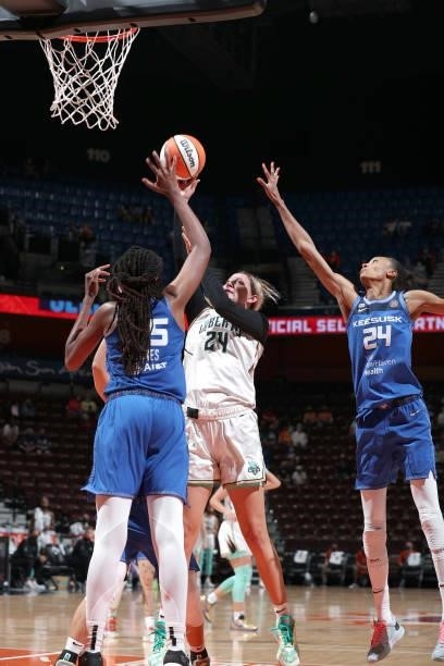 Kylee Shook of the New York Liberty shoots the ball against the Connecticut Sun on June 5, 2021 at Mohegan Sun Arena in Uncasville, Connecticut. NOTE...