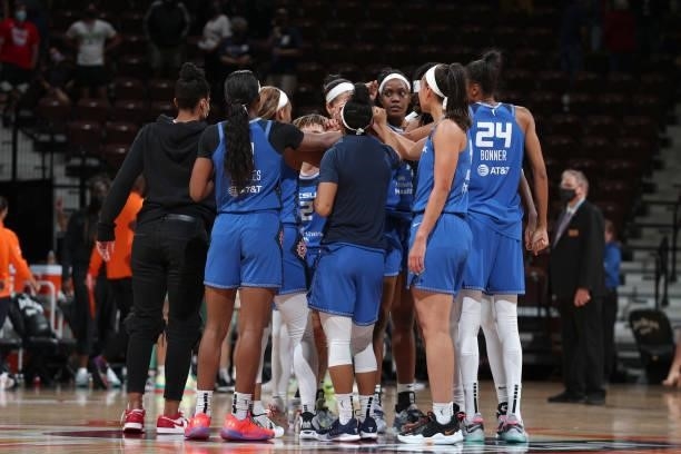 The Connecticut Sun huddle up after the game against the New York Liberty on June 5, 2021 at Mohegan Sun Arena in Uncasville, Connecticut. NOTE TO...