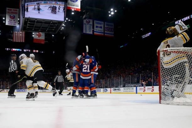 The New York Islanders celebrate a goal by Kyle Palmieri during the second period in Game Four of the Second Round of the 2021 Stanley Cup Playoffs...