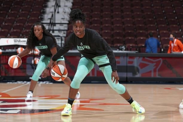 Jazmine Jones of the New York Liberty handles the ball before the game against the Connecticut Sun on June 5, 2021 at Mohegan Sun Arena in...