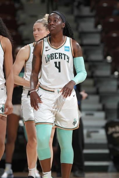 Jazmine Jones of the New York Liberty looks on during the game against the Connecticut Sun on June 5, 2021 at Mohegan Sun Arena in Uncasville,...