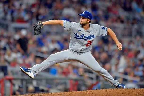 Clayton Kershaw of the Los Angeles Dodgers pitches in the fourth inning against the Atlanta Braves at Truist Park on June 5, 2021 in Atlanta, Georgia.