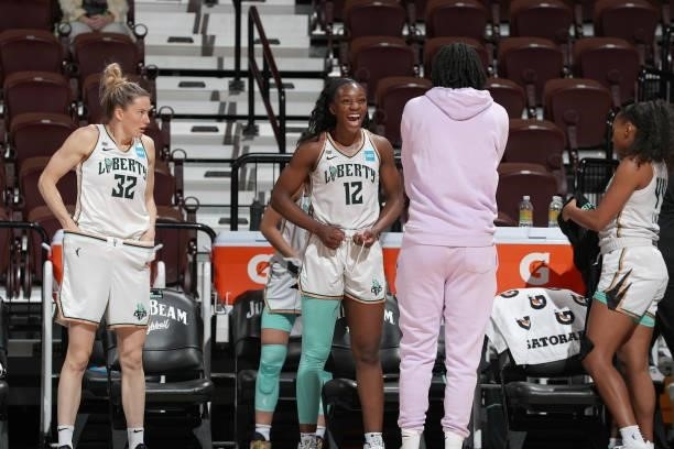 Michaela Onyenwere of the New York Liberty smiles before the game against the Connecticut Sun on June 5, 2021 at Mohegan Sun Arena in Uncasville,...