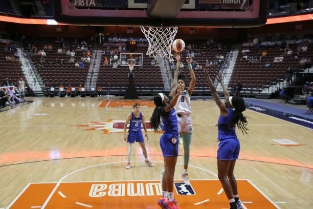 Leaonna Odom of the New York Liberty shoots the ball against the Connecticut Sun on June 5, 2021 at Mohegan Sun Arena in Uncasville, Connecticut....