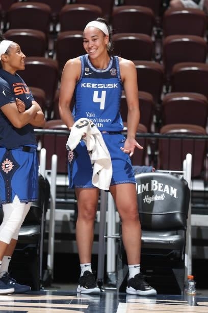 Stephanie Jones of the Connecticut Sun smiles during the game against the New York Liberty on June 5, 2021 at Mohegan Sun Arena in Uncasville,...