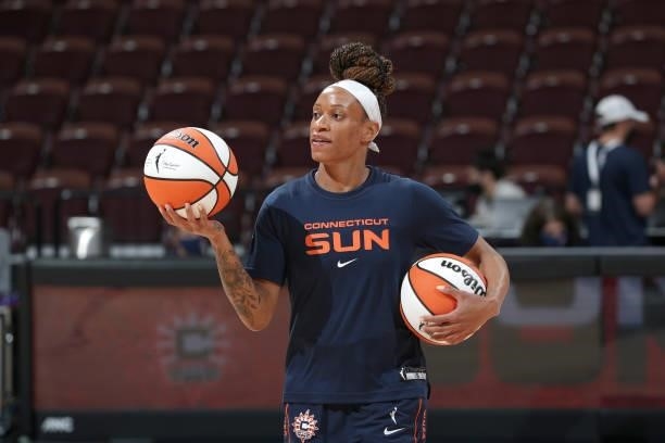 Jasmine Thomas of the Connecticut Sun handles the ball before the game against the New York Liberty on June 5, 2021 at Mohegan Sun Arena in...