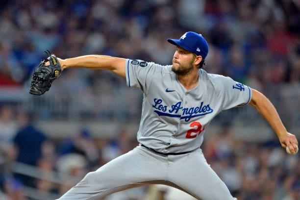 Clayton Kershaw of the Los Angeles Dodgers pitches in the fourth inning against the Atlanta Braves at Truist Park on June 5, 2021 in Atlanta, Georgia.