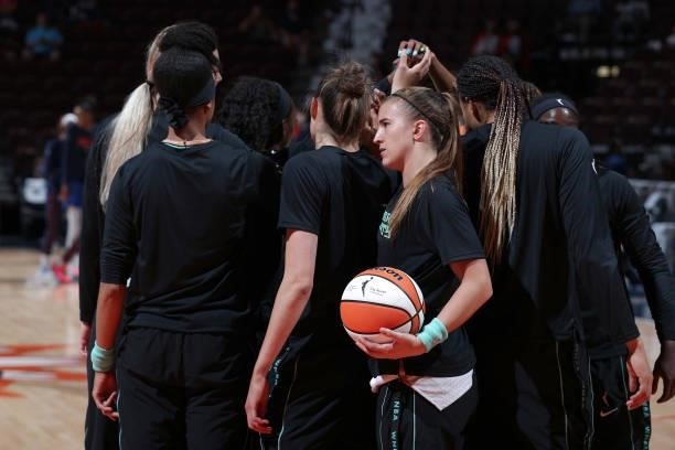 The New York Liberty huddle up before the game against the Connecticut Sun on June 5, 2021 at Mohegan Sun Arena in Uncasville, Connecticut. NOTE TO...