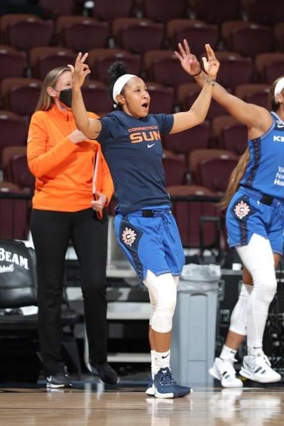 Briann January of the Connecticut Sun celebrates during the game against the New York Liberty on June 5, 2021 at Mohegan Sun Arena in Uncasville,...