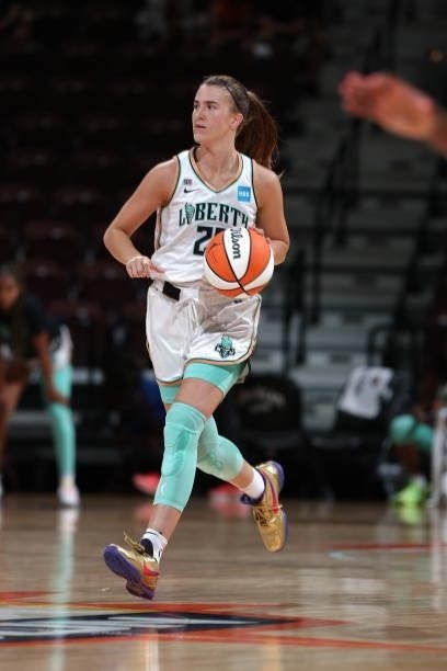 Sabrina Ionescu of the New York Liberty handles the ball against the Connecticut Sun on June 5, 2021 at Mohegan Sun Arena in Uncasville, Connecticut....
