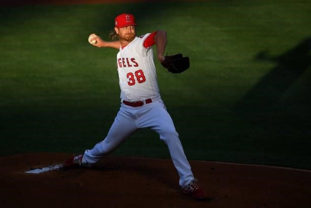 Alex Cobb of the Los Angeles Angels pitches in the first inning of the game against the Seattle Mariners at Angel Stadium of Anaheim on June 5, 2021...