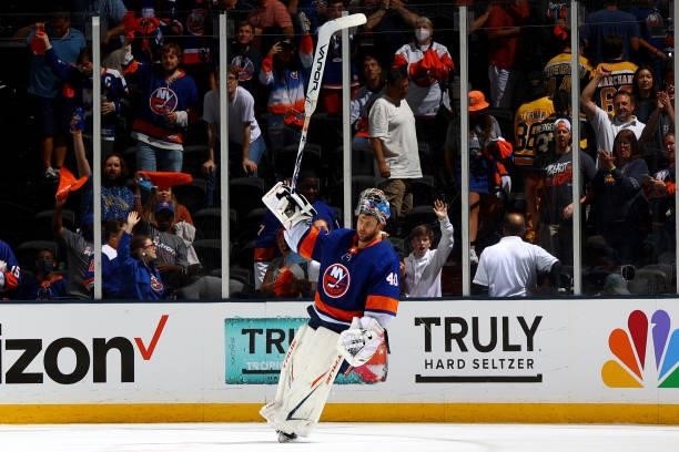 Semyon Varlamov of the New York Islanders celebrates their 4-1 win over the Boston Bruins in Game Four of the Second Round of the 2021 Stanley Cup...