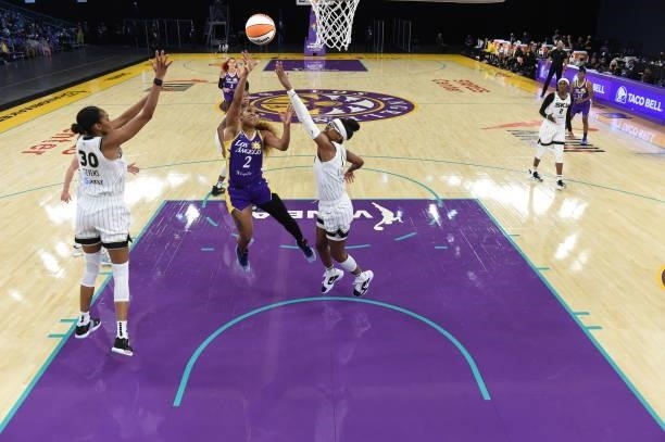 Te'a Cooper of the Los Angeles Sparks shoots the ball against the Chicago Sky on June 5, 2021 at the Los Angeles Convention Center in Los Angeles,...