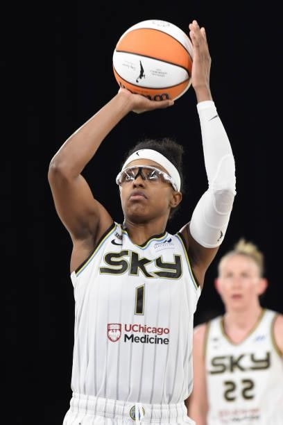 Diamond DeShields of the Chicago Sky shoots a free throw against the Los Angeles Sparks on June 5, 2021 at the Los Angeles Convention Center in Los...