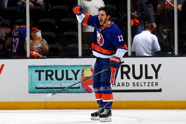 Mathew Barzal of the New York Islanders celebrates their 4-1 win over the Boston Bruins in Game Four of the Second Round of the 2021 Stanley Cup...