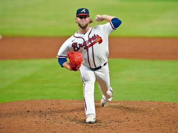 Minter of the Atlanta Braves pitches in the 6th inning against the Los Angeles Dodgers at Truist Park on June 5, 2021 in Atlanta, Georgia.
