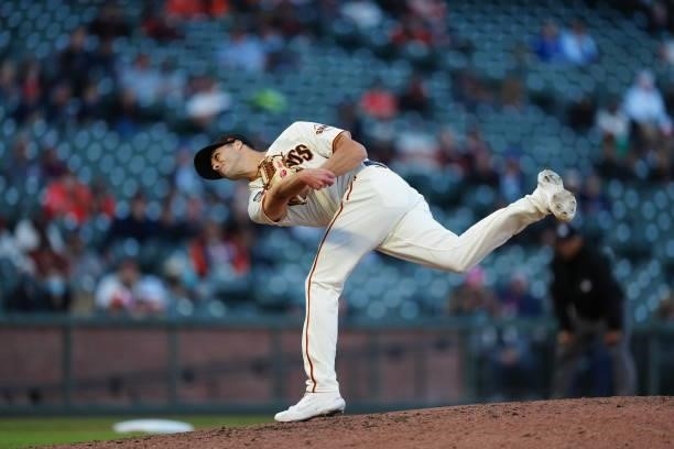 Tyler Rogers of the San Francisco Giants pitches during the game between the Chicago Cubs and the San Francisco Giants at Oracle Park on Saturday,...
