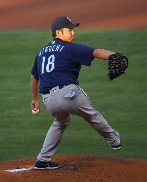 Yusei Kikuchi of the Seattle Mariners pitches in the first inning of the game against the Los Angeles Angels at Angel Stadium of Anaheim on June 5,...