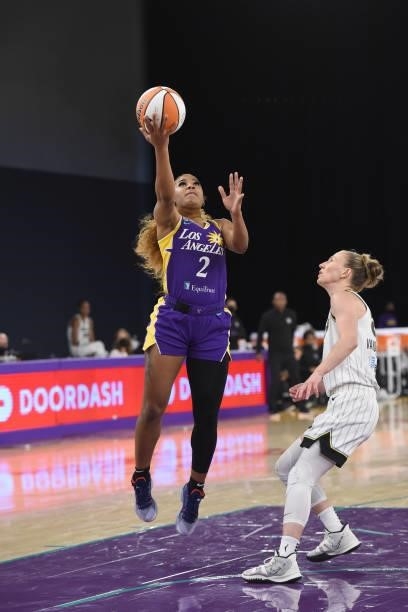 Te'a Cooper of the Los Angeles Sparks drives to the basket against the Chicago Sky on June 5, 2021 at the Los Angeles Convention Center in Los...