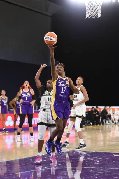 Erica Wheeler of the Los Angeles Sparks shoots the ball against the Chicago Sky on June 5, 2021 at the Los Angeles Convention Center in Los Angeles,...