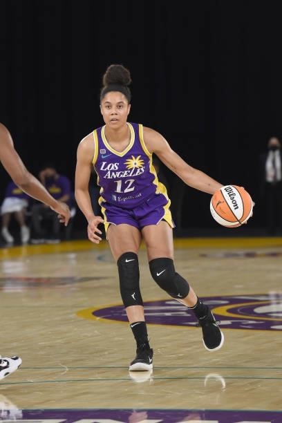 Nia Coffey of the Los Angeles Sparks handles the ball against the Chicago Sky on June 5, 2021 at the Los Angeles Convention Center in Los Angeles,...