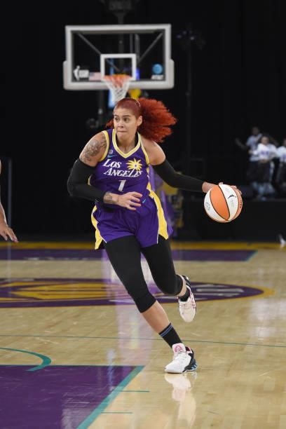 Amanda Zahui B of the Los Angeles Sparks handles the ball against the Chicago Sky on June 5, 2021 at the Los Angeles Convention Center in Los...