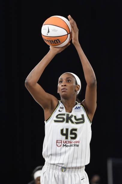 Astou Ndour-Fall of the Chicago Sky shoots a free throw against the Los Angeles Sparks on June 5, 2021 at the Los Angeles Convention Center in Los...