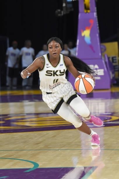 Dana Evans of the Chicago Sky handles the ball against the Los Angeles Sparks on June 5, 2021 at the Los Angeles Convention Center in Los Angeles,...
