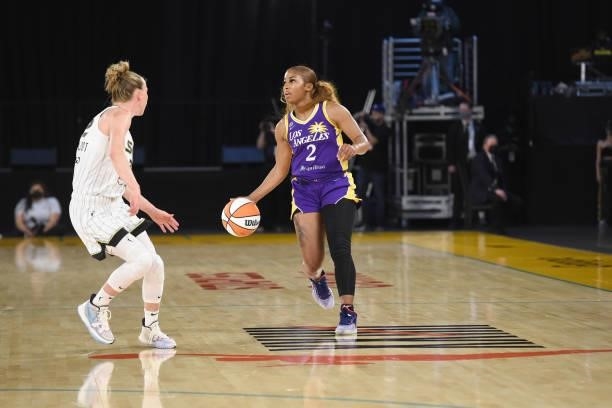 Te'a Cooper of the Los Angeles Sparks handles the ball against the Chicago Sky on June 5, 2021 at the Los Angeles Convention Center in Los Angeles,...