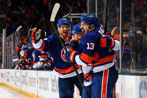 Mathew Barzal of the New York Islanders celebrates his third period goal against against the Boston Bruins in Game Four of the Second Round of the...
