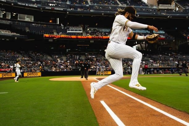 Fernando Tatis Jr. #23 of the San Diego Padres takes the field in the first inning against the New York Mets at Petco Park on June 5, 2021 in San...