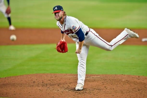 Minter of the Atlanta Braves pitches in the sixth inning against the Los Angeles Dodgers at Truist Park on June 5, 2021 in Atlanta, Georgia.