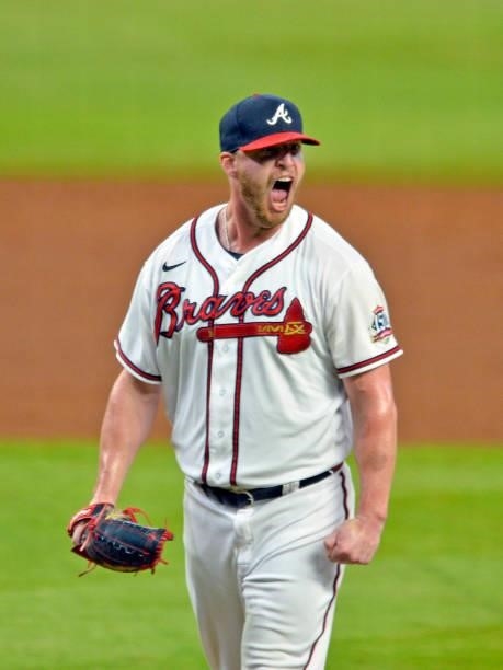 Will Smith of the Atlanta Braves reacts after striking out Justin Turner of the Los Angeles Dodgers to defeat the Dodgers 6-4 at Truist Park on June...