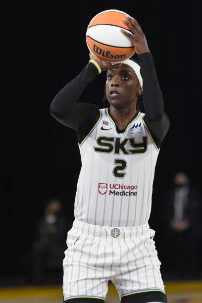 Kahleah Cooper of the Chicago Sky shoots a free throw against the Los Angeles Sparks on June 5, 2021 at the Los Angeles Convention Center in Los...