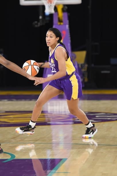Arella Guirantes of the Los Angeles Sparks handles the ball against the Chicago Sky on June 5, 2021 at the Los Angeles Convention Center in Los...