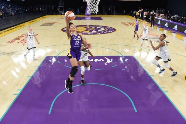 Nia Coffey of the Los Angeles Sparks drives to the basket against the Chicago Sky on June 5, 2021 at the Los Angeles Convention Center in Los...