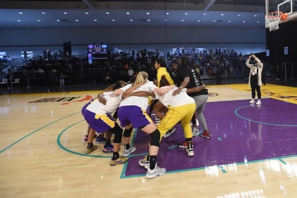 The Los Angeles Sparks huddle up before the game against the Chicago Sky on June 5, 2021 at the Los Angeles Convention Center in Los Angeles,...