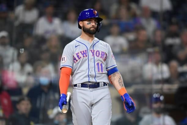 Kevin Pillar of the New York Mets looks to the mound after striking out during the fourth inning of a baseball game against San Diego Padres at Petco...