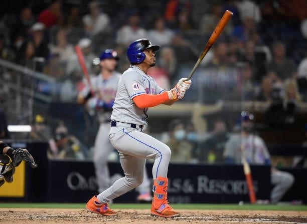 Francisco Lindor of the New York Mets hits a solo home run during the fifth inning of a baseball game against San Diego Padres at Petco Park on June...