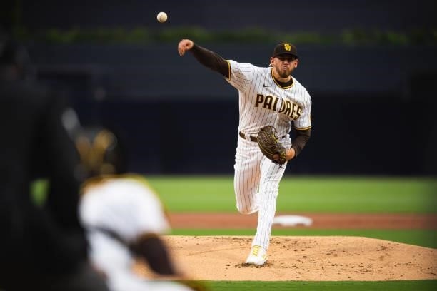 Joe Musgrove of the San Diego Padres pitches in the first inning against the New York Mets at Petco Park on June 5, 2021 in San Diego, California.