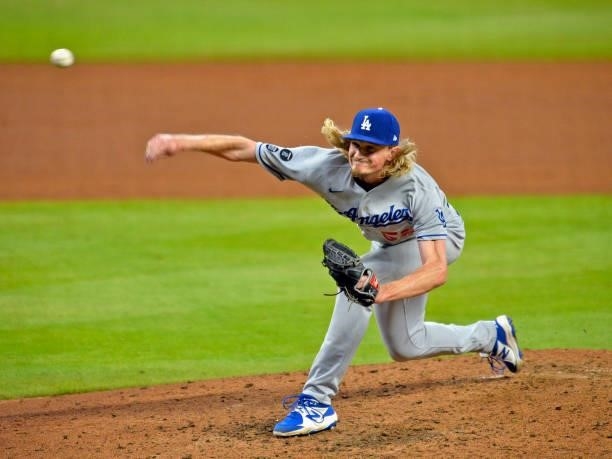Phil Bickford of the Los Angeles Dodgers pitches in the bottom of the eighth inning against the Atlanta Braves at Truist Park on June 5, 2021 in...